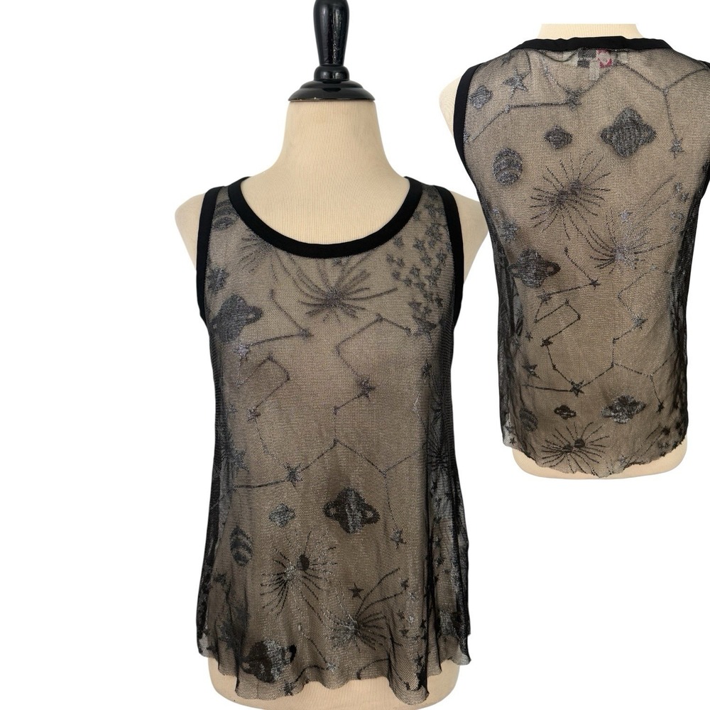 OLE by KOTON Celestial Mesh Knit Sheer TOP Small Black Whimsigoth Stars Planets